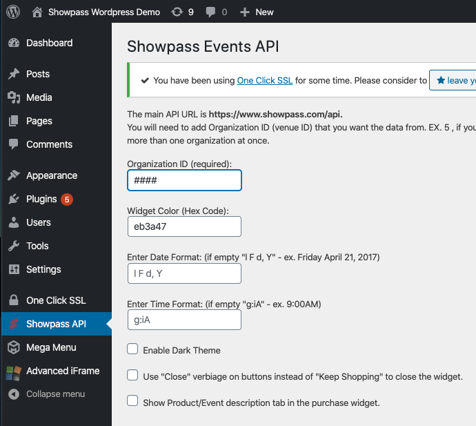 Showpass plugin config